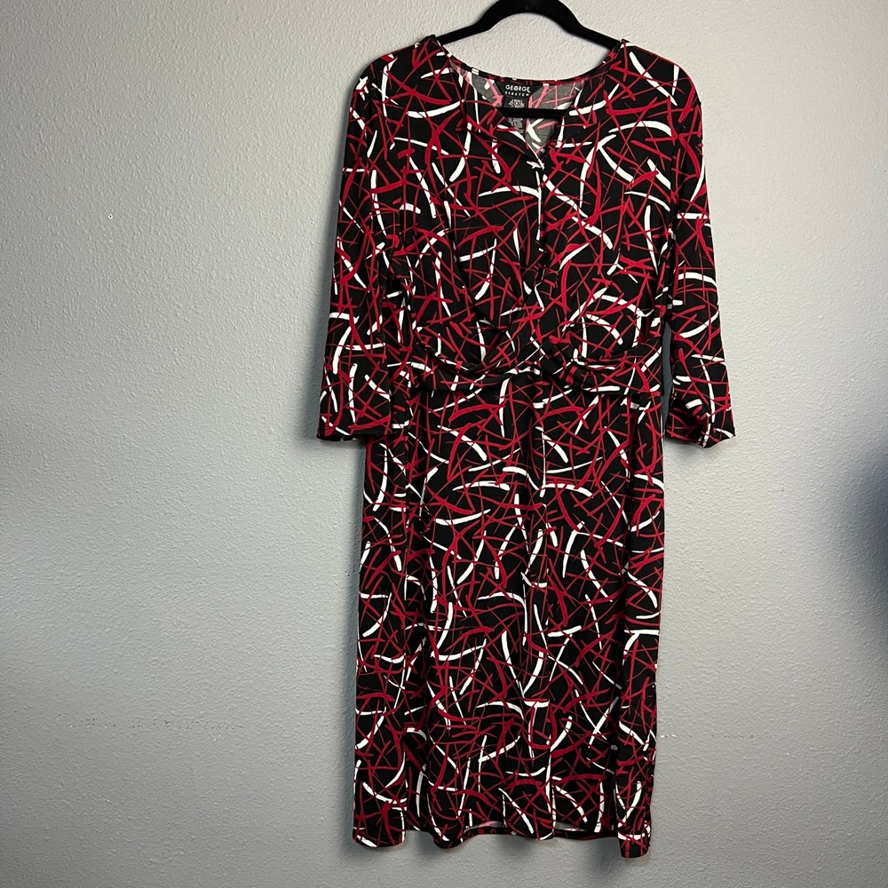 GEORGE STRETCH Black Red White Abstract Print Sheath Fitting‎ Dress XL 16 18
